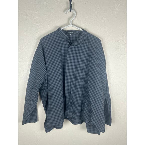Eskandar Size 0 Top Button Down Oversized Lagenlook Gray Gingham Cotton Shirt - Picture 4 of 12